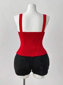 Flirla Top de mujer de talla grande con nudo delantero en color contrastante - Rojo - Ver 2