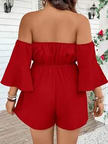 SHEIN VCAY Plus Size Women Off-Shoulder Solid Color Long Sleeve Jumpsuit Romper - Red - View 2