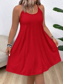 SHEIN VCAY Plus Size Backless Green Floral Print Spaghetti Strap Casual Vacation Dress Lace - Red - View 6