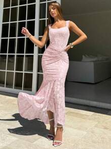 Aloruh 女士优雅浪漫假期纯色约会情人节鱼骨针织镂空荷叶边不对称鱼尾下摆紧身连衣裙 - 淺粉色 - 查看 7