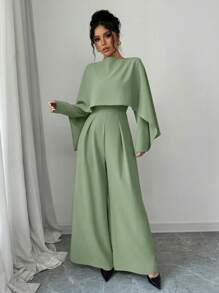 Elenzga Women's Elegant Fashion Collared Waist-Cinched Wide-Leg Jumpsuit With Batwing Sleeve, Solid Color, Suitable For Commuting Fall Cloth For Women - Green - View 4