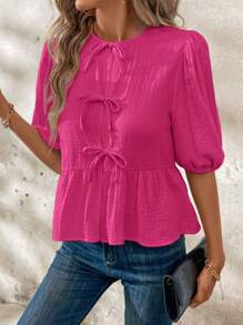 SHEIN Clasi Blusa de verano con cuello Peter Pan, mangas abullonadas y bajo con volantes, con nudo delantero
