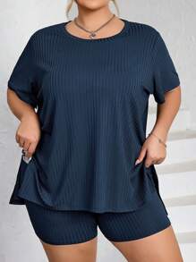 SHEIN CURVE+ 2pcs Plus Size Women's Round Neck Short Sleeve Top And Slim Fit Fashionable Shorts Set, Curve Plus, Boho Vacation Beach Outfits For Woman/Beach /Beach Vacation Outfits/Beach Essentials / Graduation/Tea Party  - Navy Blue - View 2