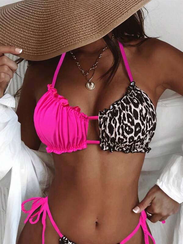 Swim SXY Leopard Print Halter Neck Swimsuit Top With Ruffle Trim