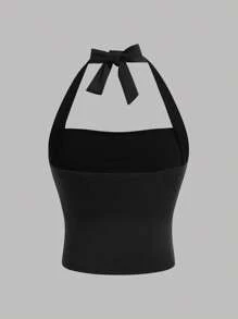 SHEIN Girlism Tween Girl 2 件套，休闲简约舒适褶皱腰挂脖背心 - 黑色 - 查看 5