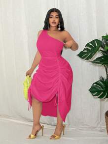 Slaydiva New Collection White Easter/Christmas/New Year Versatile Casual All-Match Sexy One Shoulder Ruffle Hem Mini Dress, Suitable For Spring/Summer - Hot Pink - View 6