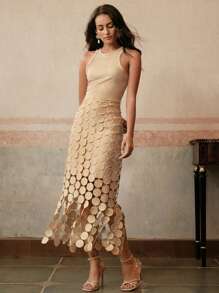 Anewsta Laser Cut Multi Circle Double Layered Skirt Women Skirt - Camel - View 5