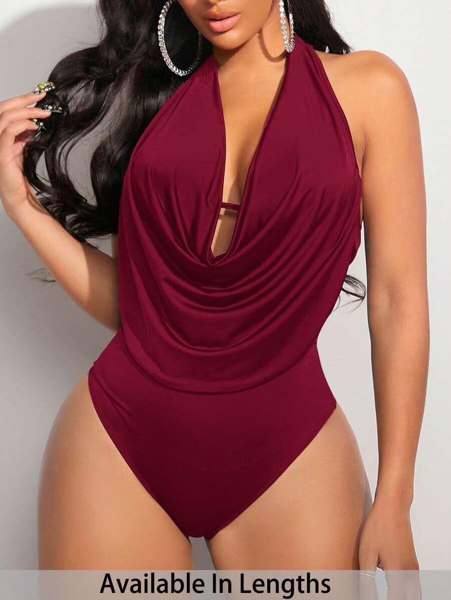 SHEIN PETITE CURVE 女士加大码前垂式露背吊带紧身衣 - 酒紅色 - 查看 1