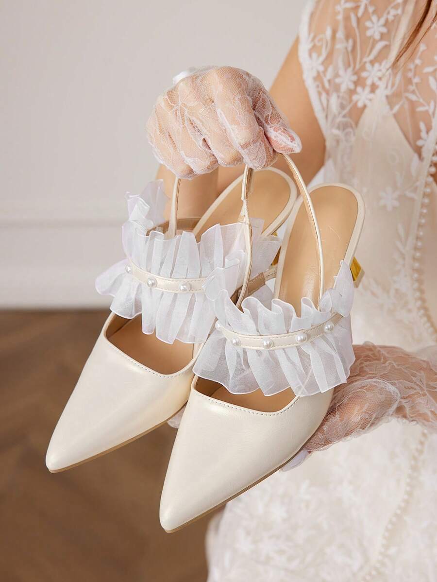 CUCCOO HITCHD Pointed Toe Faux Pearl Strap Backless High Heel Ladies' Pumps For Christmas And New Year Holiday Vibe Fall And Winter - White - View 1