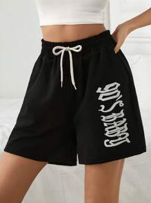 EURMUSE Cottnline Letter Graphic Drawstring Waist Petite Shorts - Black - View 10