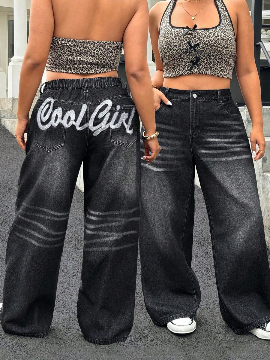 SHEIN ICON Plus Size Women's Casual Embroidered Wide Leg Pants, All Season - Black - View 1