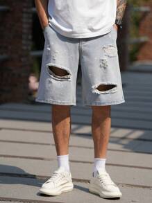 Manfinity LEGND Men's Light Wash Denim Bermuda Shorts: Avant-Garde Street Casual Style With Distressed Detailing And Zipper Fly