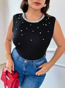 SHEIN Privé Camiseta sin mangas informal de talla grande para mujer, adecuada para vacaciones y salidas, primavera/verano - Negro - Ver 5