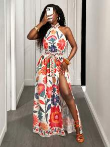 BamGleam 活力夏日花卉印花性感开衩连衣裙