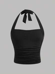 SHEIN Girlism Tween Girl 2 件套，休闲简约舒适褶皱腰挂脖背心 - 黑色 - 查看 8