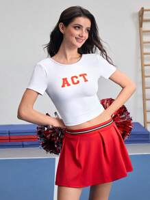 Cheerettes Letter Print Open Back Round Neck Tight-Fitting Short Sleeve Sports T-Shirt