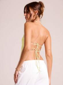 MUSERA Halter Neck Ruched Bust Front Top Spring Summer Casual Fall Carnival Festival Holiday - Cream - View 2
