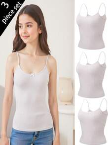 3pcs/Set Tween Girl White Ribbed Racer Back Cami Top Bralette Underwear Set, Casual - Grey - View 1