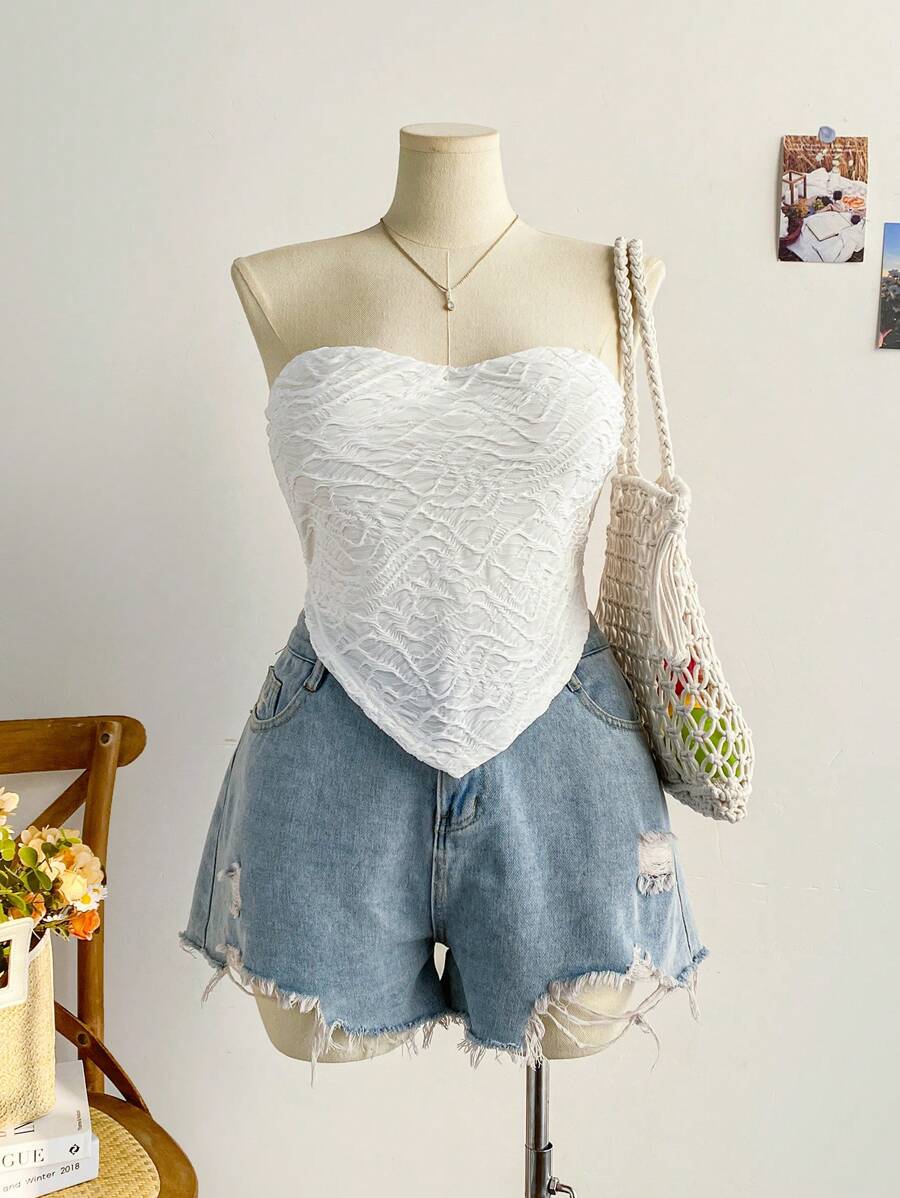 Soleia Plus Size Women's Textured Bandeau Crop Top, For Vacation - White - View 1