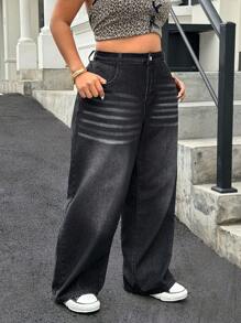 SHEIN ICON Plus Size Women's Casual Embroidered Wide Leg Pants, All Season - Black - View 5