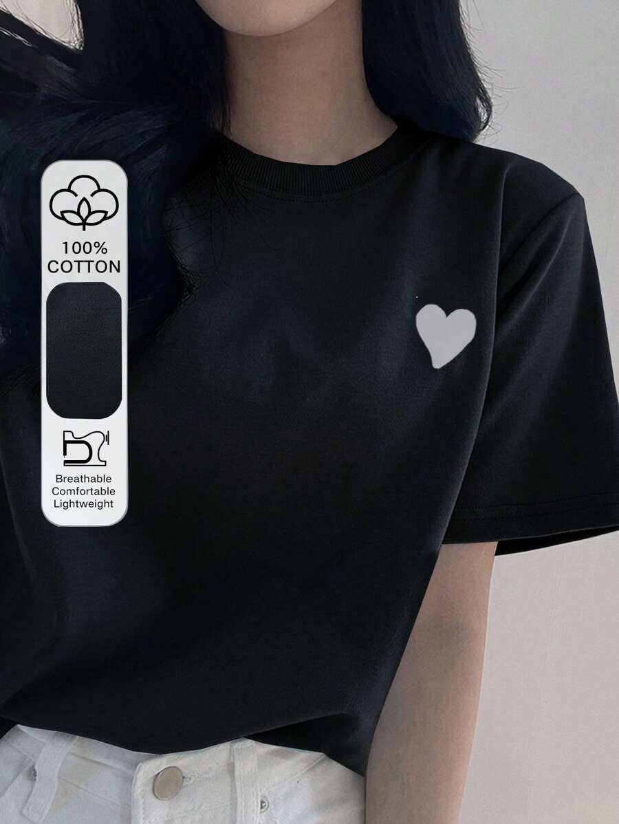 Camiseta de mujer con cuello redondo, estampado minimalista de corazón de color contrastado bordado, tops lindos - Negro - Ver 1