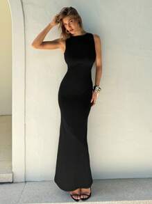 Aloruh 女式黑色长裙，无袖圆领镂空针织紧身连衣裙，背部带扣细节，露背连衣裙