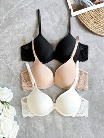 NudeFit 3 件套女士优雅纯色蕾丝拼布内衣文胸套装