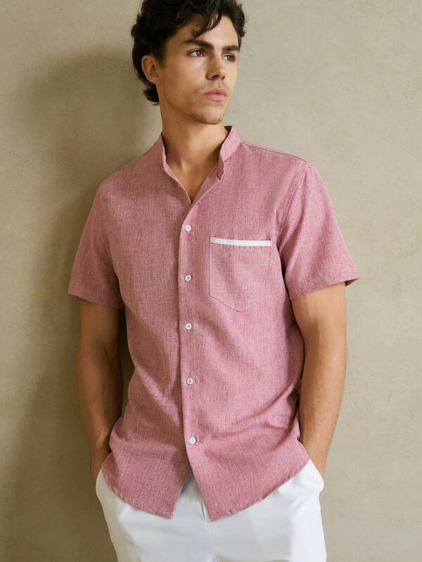 HIMLAND Camisa de manga corta con cuello alto y botones para hombre, Old Money