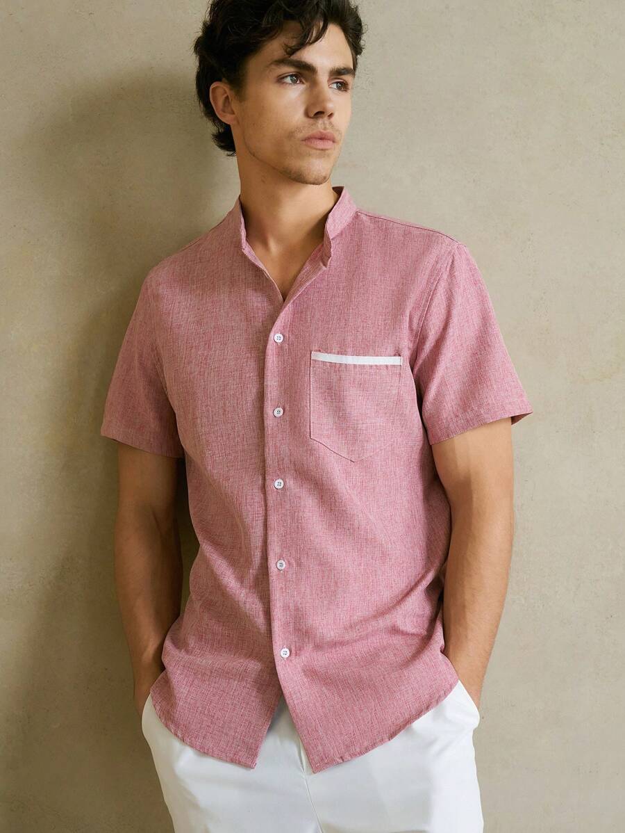 HIMLAND Men Mock Neck Button Front Short Sleeve Shirt, Old Money - Pink - View 1
