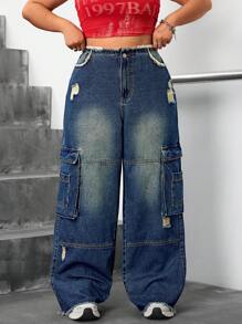 SHEIN ICON Plus Size Simple Fashion Denim Jeans, Suitable For Summer - Blue - View 1