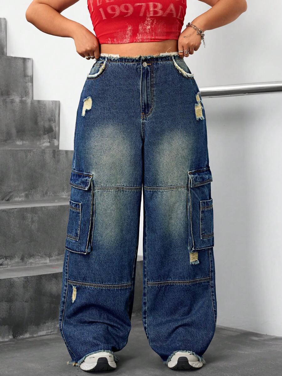 SHEIN ICON Plus Size Simple Fashion Denim Jeans, Suitable For Summer - Blue - View 1