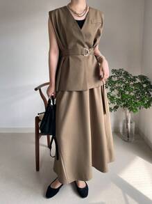 FRIFUL 女士两件套马甲和裙子（腰带系带），纯色 - 卡其色 - 查看 4