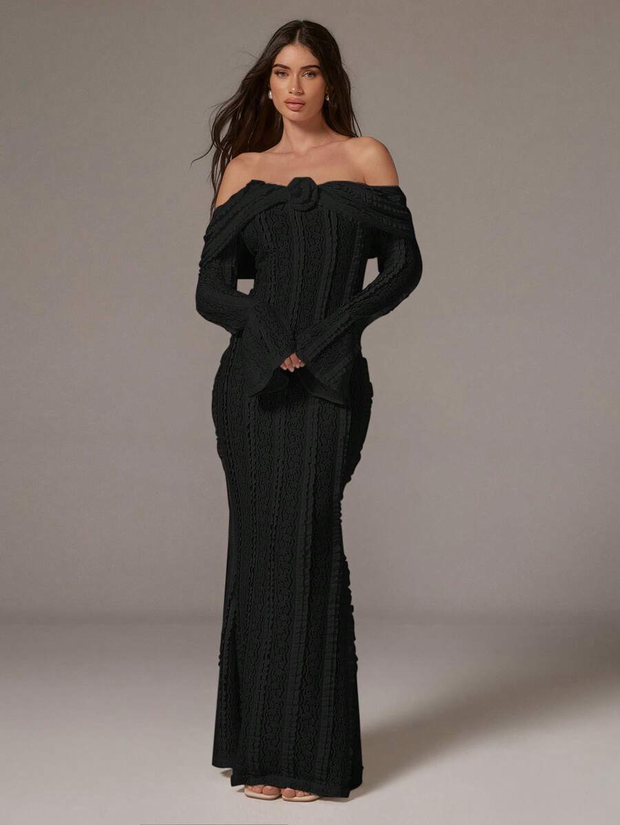 COSMINA Women's White Lace Off Shoulder Semi-Transparent Dress, Floral Embroidered Long Sleeve Wedding Guest Dress