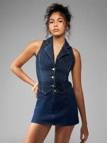 MISSGUIDED 牛仔背心马甲纽扣前开襟无袖修身设计师短款夹克时尚街头服饰经典 Y2K 秋冬 - 深色水洗藍 - 查看 1