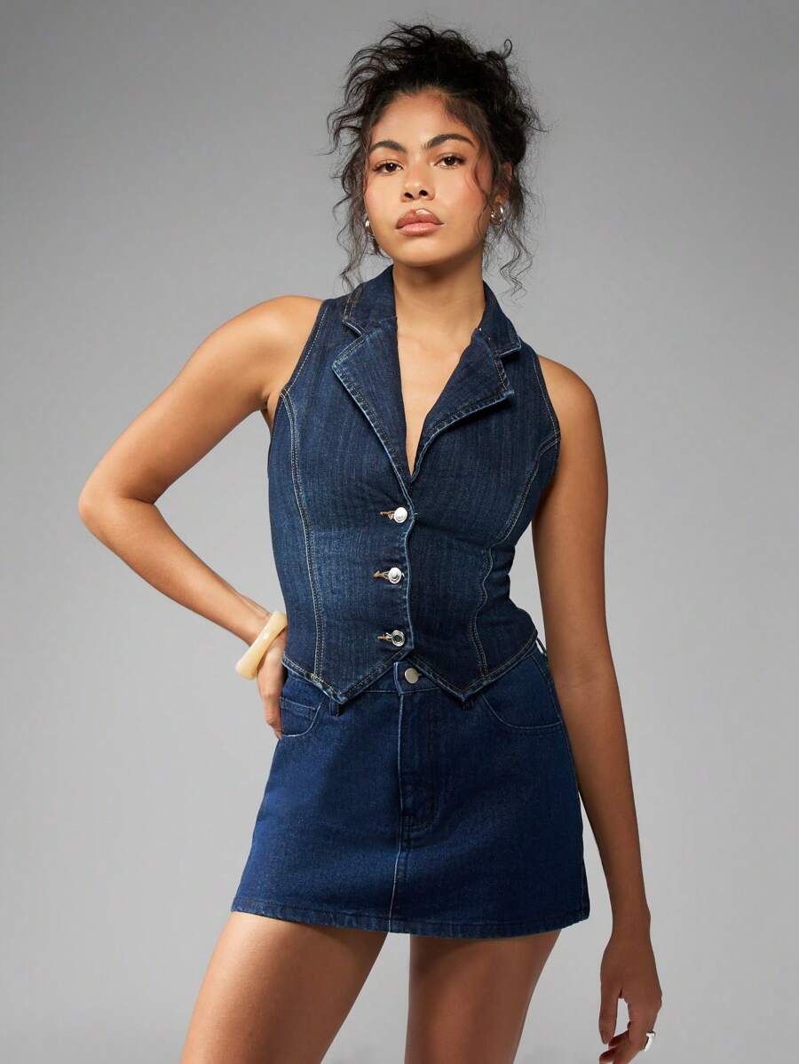 MISSGUIDED 牛仔背心马甲纽扣前开襟无袖修身设计师短款夹克时尚街头服饰经典 Y2K 秋冬 - 深色水洗藍 - 查看 1