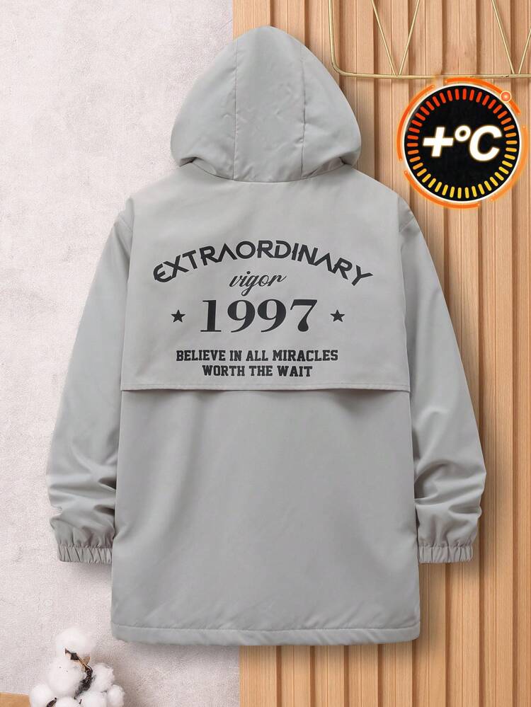 Tween Boy 1pc Letter Graphic Plush Lined Hooded Coat