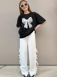 Tween Girls' Casual Woven Textured Double-Sided Ruched Waist Wide Leg Pants, Spring/Summer - White - View 7