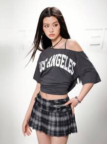 SHEIN EZwear 美式复古辣妹斜肩短袖T恤女2025夏季新款宽松休闲风露肩别致上衣