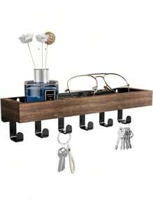 1 Set Wall Mounted Key Holder With Wood Tray And 6 Hooks, Key Racks, Key Hangers Home Decor Key Rack Mail Organizer For Hallway, Bedroom, Mudroom, Office(Christmas) Room Decor