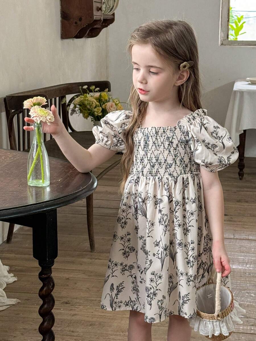 LMoss Kids LMoss   Young Girl Ditsy Floral Gathered Ruffle Puff Sleeve Fitted Casual Dress,Casual Dress Unique Dresses For Girls    Girls Summer Dresses Spring Dresses For Girls Summer Clothes For Girls Spring Girl Clothes - Black and White - View 1