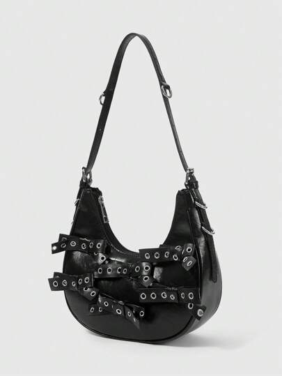 Goth Punk Style Black Eyelet Bow Detail Women's Shoulder Bag Edgy Gothic Purse For Daily Use Alternative Rock Chick Bag