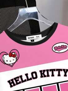 HELLO KITTY AND FRIENDS | SHEIN تيشيرت أكمام قصيرة رقبة دائرية فضفاض مع طباعة كرتونية، مريح وعصري للرياضة، بالوردي والأبيض، مناسب للربيع والصيف، للنساء