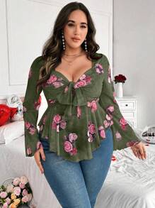 Calvaya 大码女式情人节花朵印花系带长袖修身休闲 T 恤