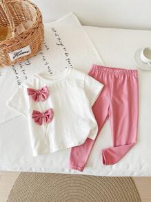 Baby Girl Cute Pink Bowknot Short Sleeve Top And Long Pants 2 Pieces Set, Summer - Multicolor - View 5