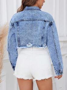 SHEIN ICON Short Denim Jacket With Washed And Ripped Details - Medium Wash - View 2