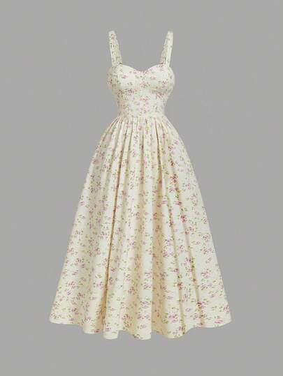 SHEIN MOD Plus Size Women's Vintage Floral Print Ruched Waist Elegant Halter Midi Dress,Vacation Outfits Woman,Summer Outfits For Women,Western Wear Women,Country Outfits,Beach Vacation Wear,Valentine Day,Boho Dress Women,Beach Dress Sundress,Holiday Outfits