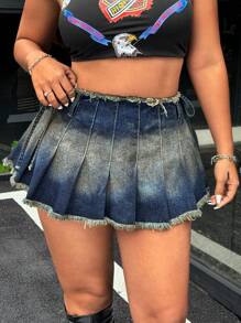 SHEIN ICON Plus Size Y2K Streetwear Vintage Pleated Denim Mini Skirt Shorts