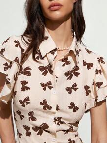 SHEIN Unity Gaun Mini Pas Badan Lengan Pendek Dua Lapis Elegan dengan Motif Pita Kontras Warna untuk Wanita, Model Baru, Manis, Sederhana, Elegan, Cocok untuk Komuter. - MultiWarna - View 7