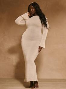 MUSERA Plus Size Slash Neck Ribbed Long Flare Sleeve Maxi Dress Outfit For Holiday, Elegant - Cream - View 4