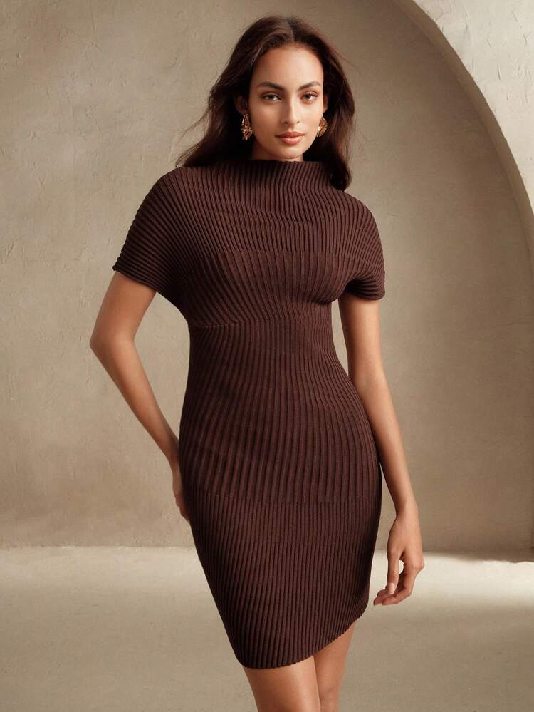 Women Elegant Asymmetric Mock Neck Fitted Sweater Dress, Suitable For Spring, Summer, Elegant, Vacation, Date Night
